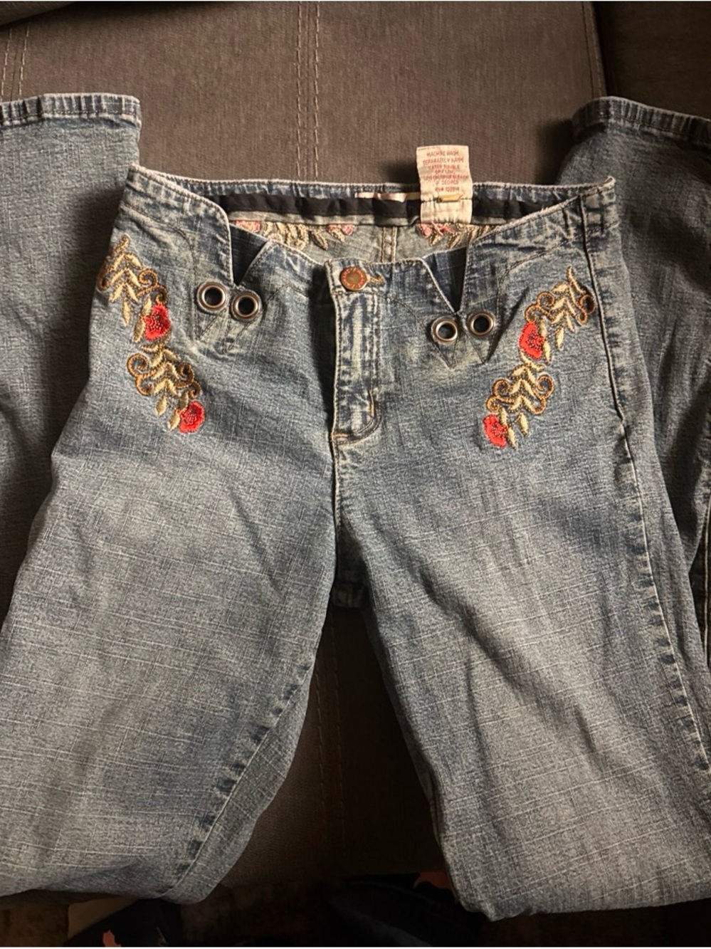 Anoname Embroidered Light Blue Boot Cut Jeans with Red & Gold Detail